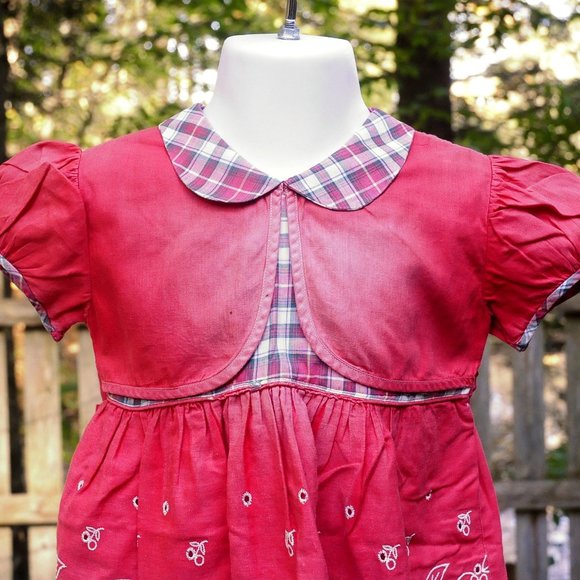 VTG 60's Girls Red Cotton & Plaid School Dress Size 12/18M Eyelet Floral Design - Picture 3 of 10